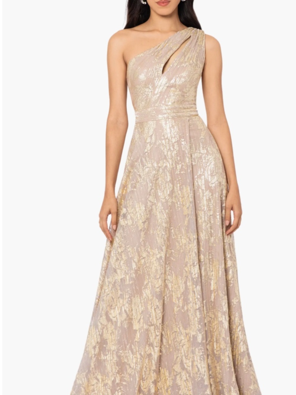 Betsy & Adam Metallic Floral One-Shoulder Sheath Gown 6